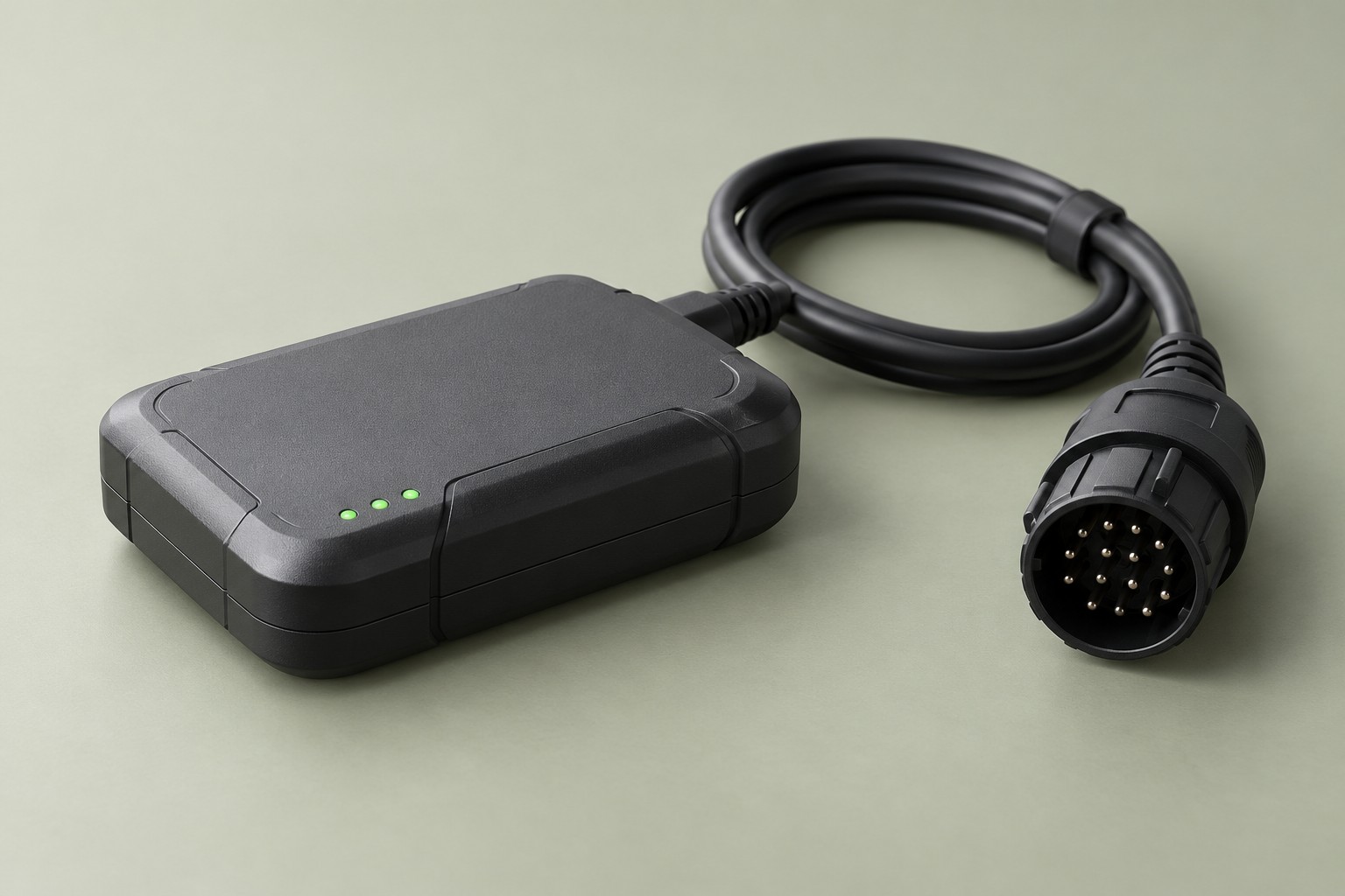 Illustrative compact ELD telematics gateway with a heavy-vehicle diagnostic connector