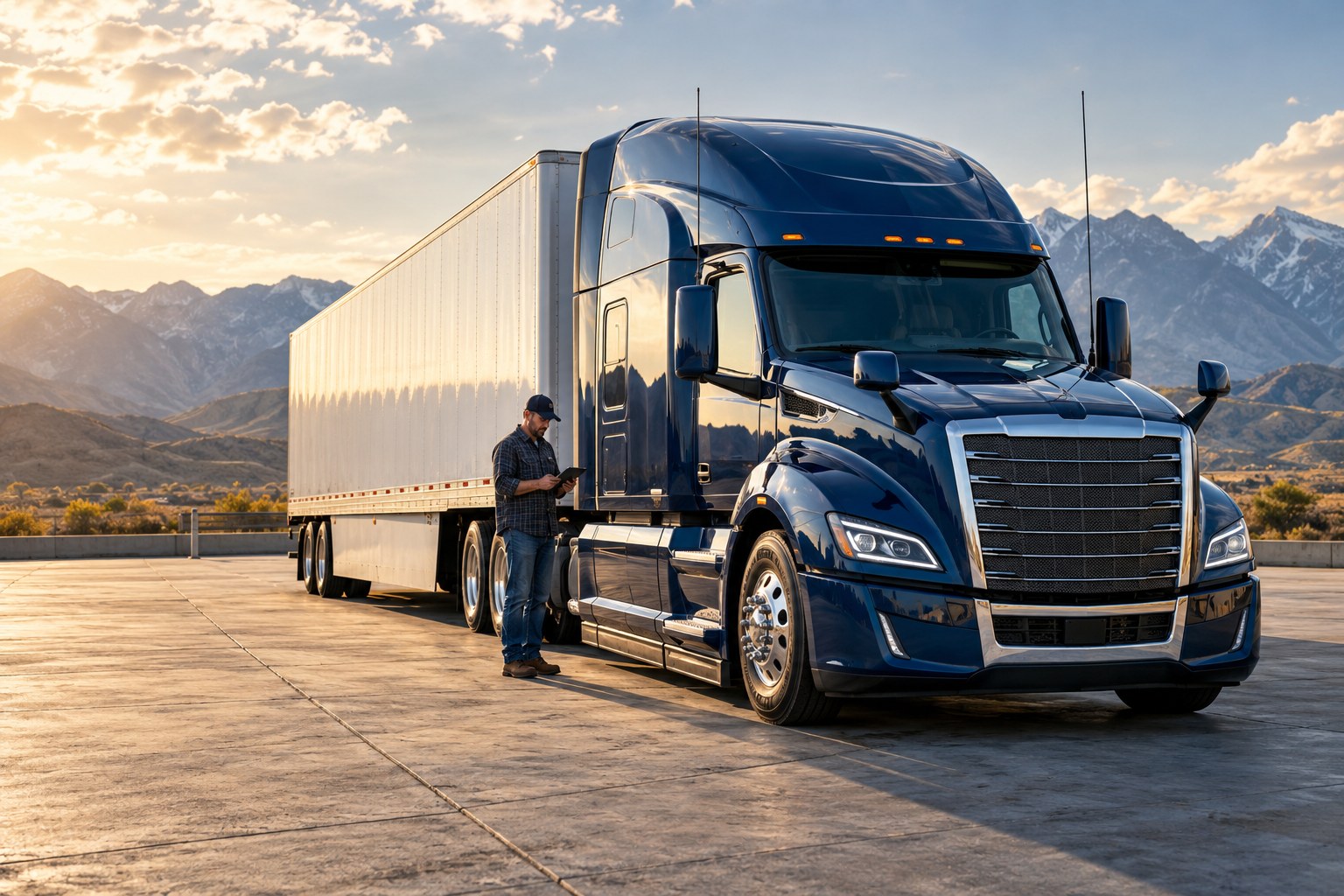 Modern semi truck and driver with a tablet in a highway service area